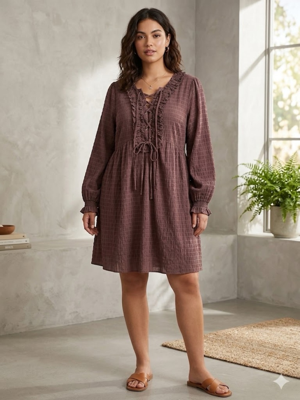 Entro Mauve Brown Lace-Up Long Sleeve Textured Dress
